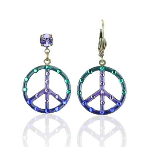Blue Purple and Green Peace Sign Crystal Earrings by Anne Koplik