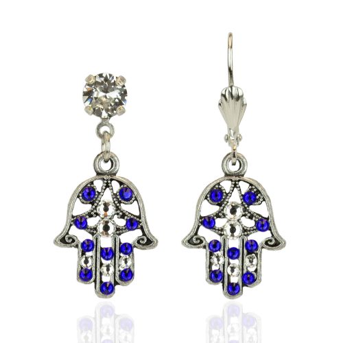 Mila Hamsa Blue Crystal Earrings by Anne Koplik - Lever back