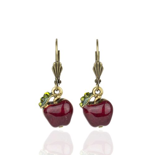 Red Apple Enamel and Crystal Earrings by Anne Koplik - Leverback